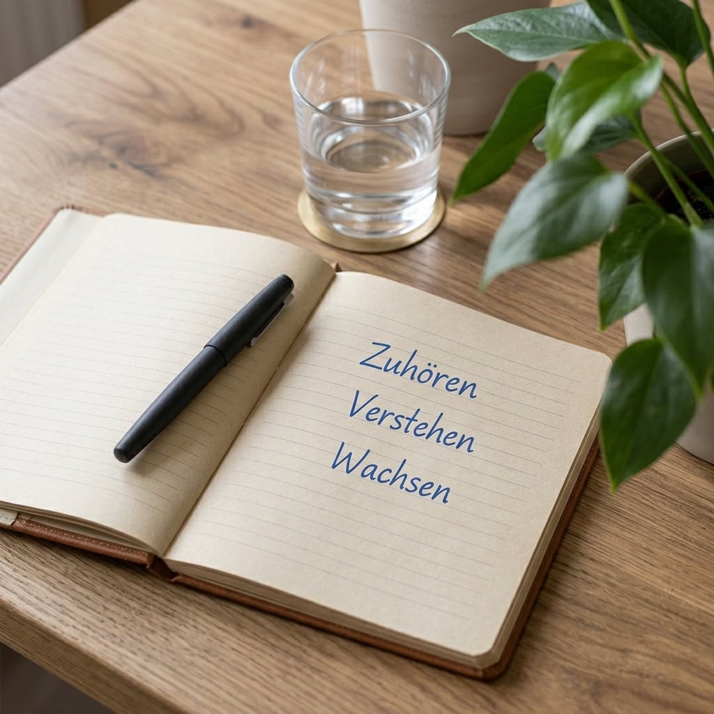 Aufgeschlagenes Notizbuch mit der Aufschrift Zuhören, Verstehen, Wachsen